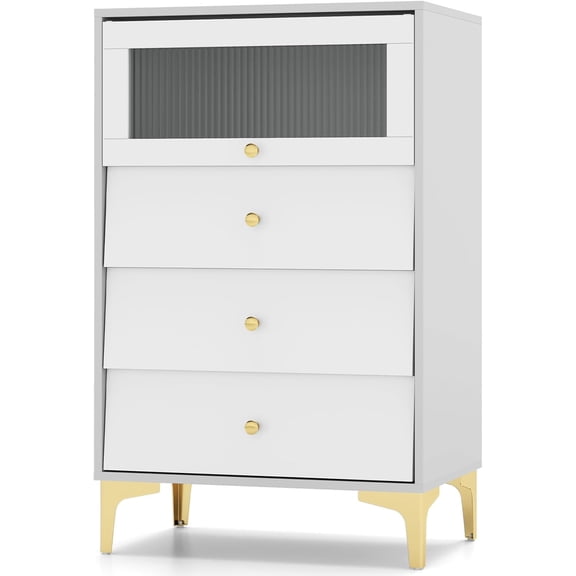 NEWto 3 Drawer Dresser, 37.5" Tall Dresser Chest of Drawers with Flip-up Fluted Glass Door, Gold Handles and Legs, Modern Storage Tower for Bedroom, Closet, Living Room (16" D x 23.5" W x 37.5" H)