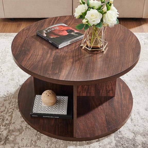 NEWto 32" Modern Round Coffee Table, Wood Circle Center Table with 4 Open Storage Cubbies & Cross Support Structure, Small Cocktail Table for Living Room, Apartment, Dark Walnut