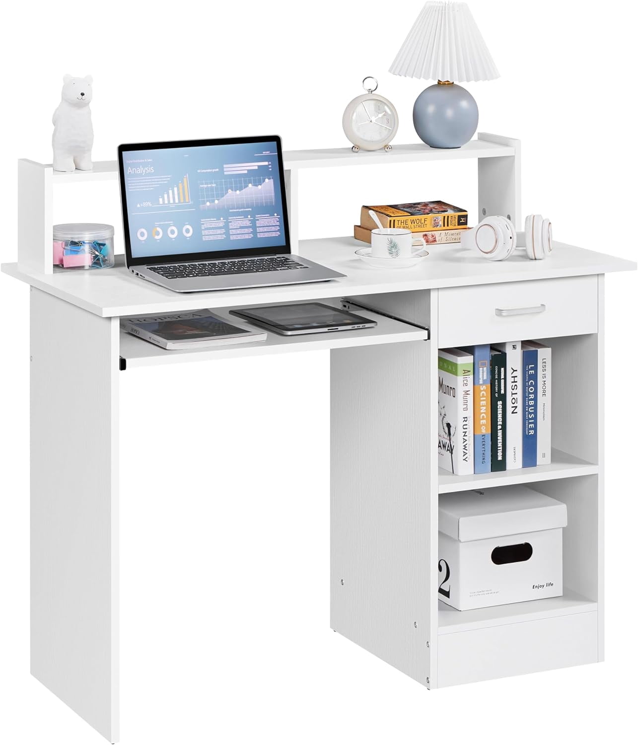 NEWto Home Office Wood Computer Desk with Keyboard Tray and Drawers, Students Writing Table with Storage Drawers & Hutch, Modern PC Laptop Desk, Multifunctional Workstation, White