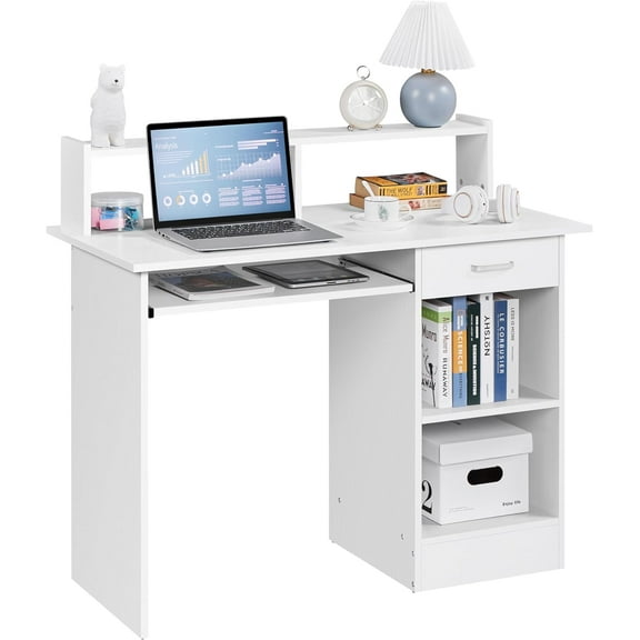 NEWto Home Office Wood Computer Desk with Keyboard Tray and Drawers, Students Writing Table with Storage Drawers & Hutch, Modern PC Laptop Desk, Multifunctional Workstation, White