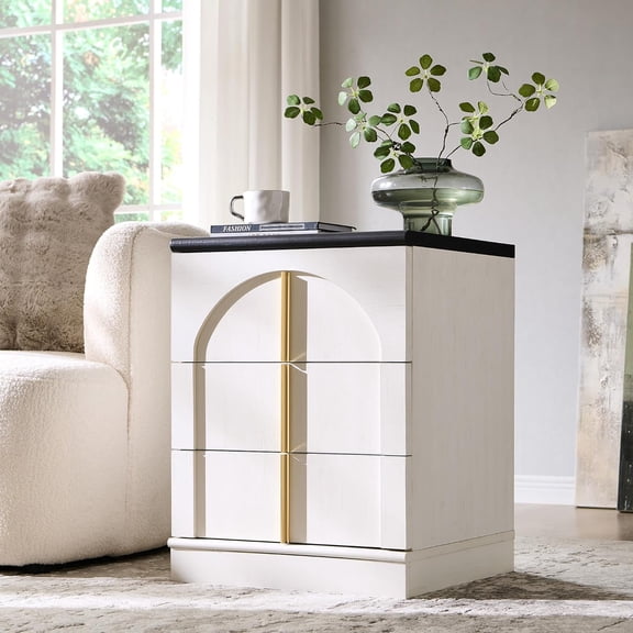 NEWto Modern Night Stand with Arched Panel, 18" Nightstand with Charging Station, Side Table with 3 Storage Drawers, Wood Square Bedside End Table for Bedroom Living Room, White
