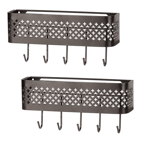 NEX 1-Shelf Wall Mount Metal Letter Holders Basket with 5 Hooks, Brown, 2 Count