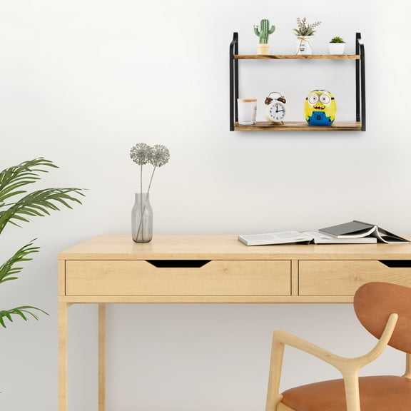 NEX 2-Tier Floating Wall Mounted Shelves Rustic Wood Storage Hanging Shelf Wall Décor, Light Brown