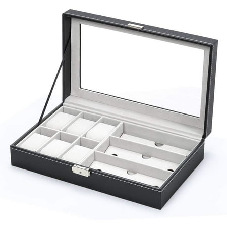 NEX 6 Slot Watch Boxes & Cases, Black, 6 Removable Pillows, 2 Keys, 13"x7.9"x3.3"