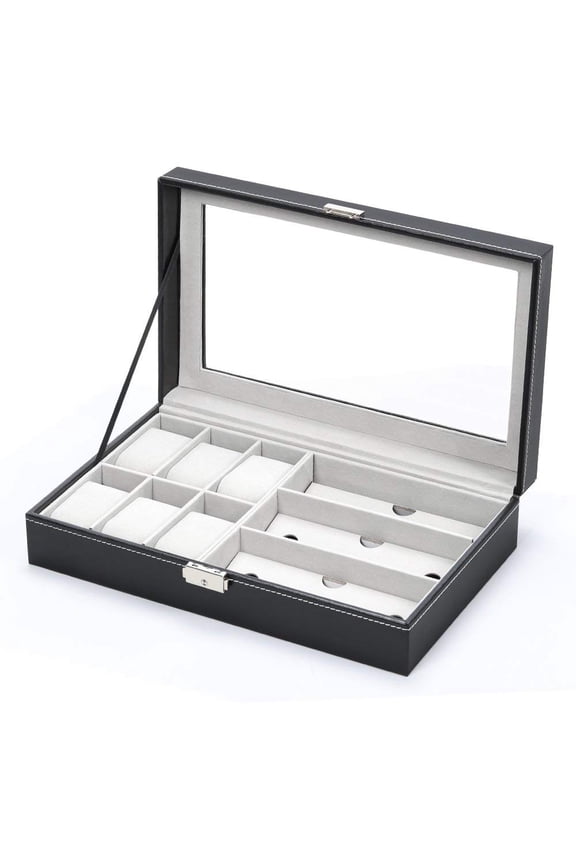 6 Slot Watch Boxes & Cases, Black, 6 Removable Pillows, 2 Keys, 13"x7.9"x3.3"