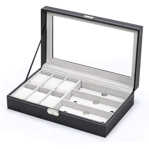 NEX 6 Slot Watch Boxes & Cases, Black, 6 Removable Pillows, 2 Keys, 13"x7.9"x3.3"