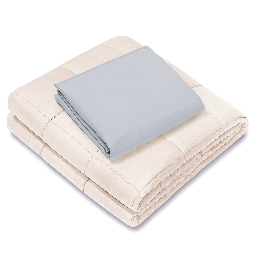 NEX 100% Microfiber Off White Weighted Blanket 12 lbs, 48” x 72” with Removable Light Gray Duvet Cover