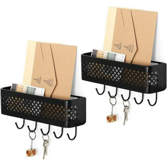NEX Black Mail Sorter Key Organizer Wall Mount, Metal Entryway Storage Organizer Basket with 5 Hooks for Coat, Keys Set of 2