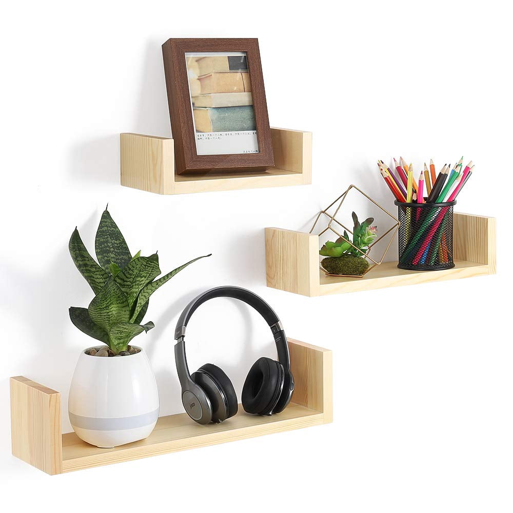 NEX Floating Shelves Wall Mounted Rustic Wood Wall Shelves Set of 3, U-Shaped Light Natural (NX-HK84-32)