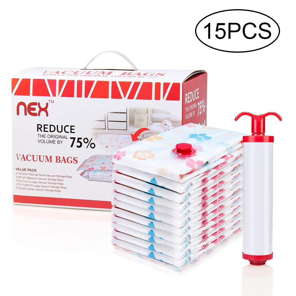 NEX Vacuum Storage Bags 15 pack Space Saving Packing Luggage Bags Reusable Compression Bags, Free Hand Pump Included (NX-A018)