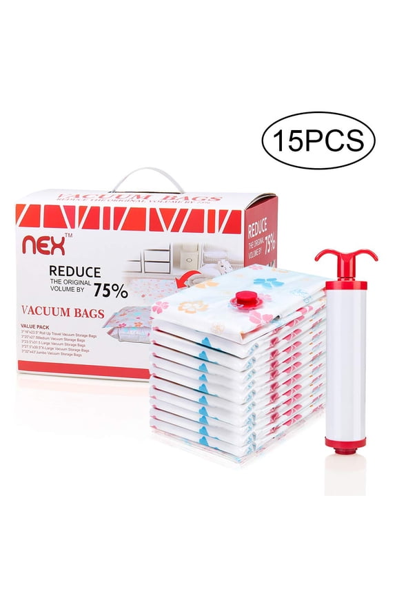 Vacuum Storage Bags 15 pack Space Saving Packing Luggage Bags Reusable Compression Bags, Free Hand Pump Included (NX-A018)