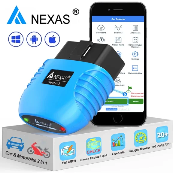 NEXAS Motorcycles OBD2 Scanner Bluetooth 5.0, Wireless Compatible with Third-Party Apps, Car & Motorcycle Universal Code Reader, Check Engine Fault OBDII Adapter Scan Tool for iOS, Android & Windows