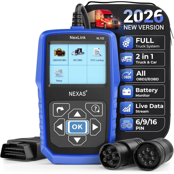 NEXAS Heavy Duty Truck OBD2 Scanner 2 in 1 Full System Diesel HD OBD Diagnostic Code Reader with Live Data Battery Monitor