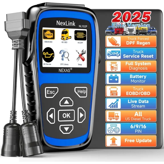 NEXAS NL102 Plus OBD2 Scanner Full Systems Heavy Duty Truck Scan Tool Oil Reset Force DPF Regen Tool HDOBD/EOBD Diagnostic Truck & Car 2 in 1 Code Reader