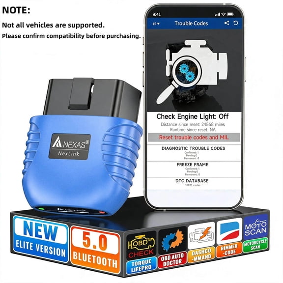 NEXAS NexLink OBD2 Scanner Bluetooth 5.0, Wireless Compatible with Third-Party Apps, Car & Motorcycle Universal Code Reader, Check Engine Fault OBDII Adapter Scan Tool for iOS, Android & Windows