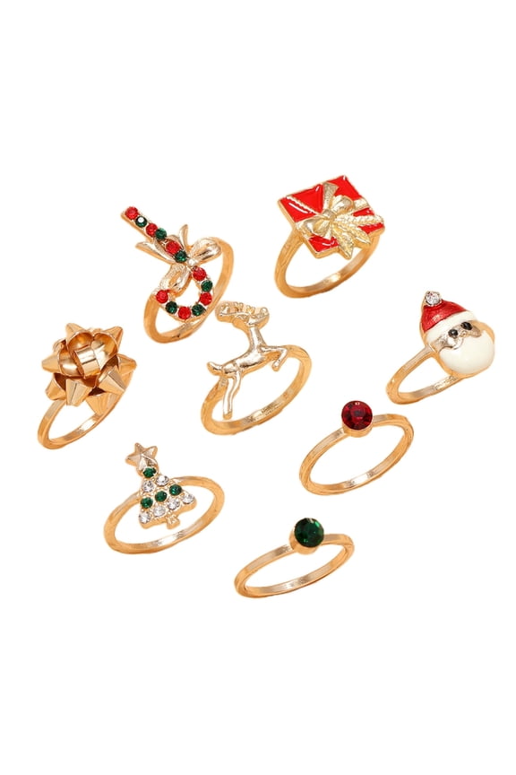 8pcs Christmas Charm Rings Gold Color Enamel Rings Santa Clause Reindeer Decors