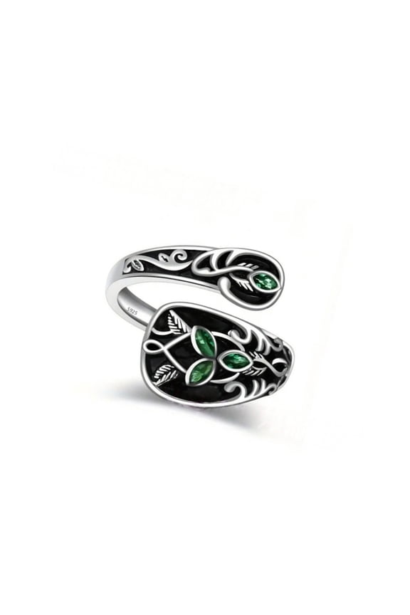 Adjustable Victorian Inspired Leaf Shaped Ring Green Marble Stone Jewelry For Women Nature Theme Gift
