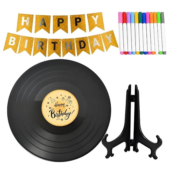 NEXAVKPR Birthday Table Decoration Set with Black Phonograph Record Form, Yellow Center Label, and Happy Birthday Design for Music-Themed Party Displays