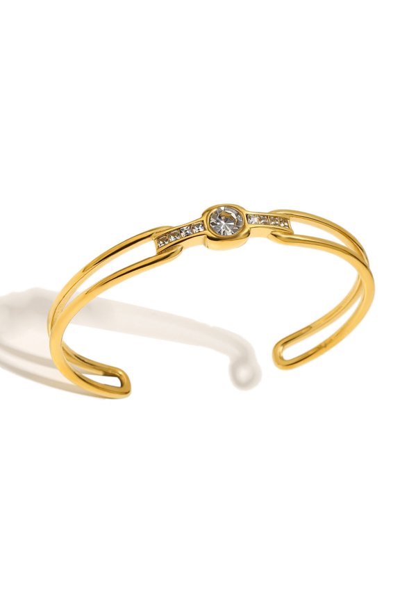 Cubic Zirconia Stainless Steel Metal Cuff Open Bracelet Waterproof Bangle