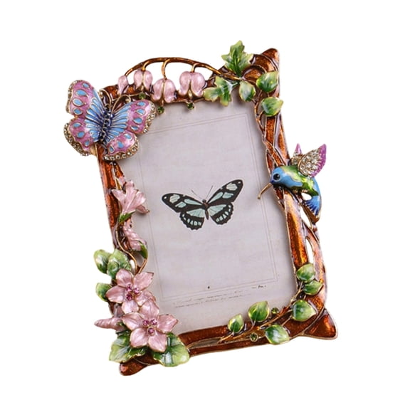 NEXAVKPR Elegant Metal Photo Frame With Enamel Floral Bird Pattern And Rhinestones Inlay