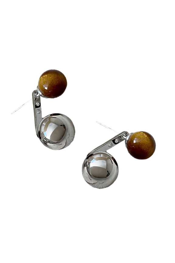 Geometric Designs Tigers Eye Stones Earrings With Silver Metal Sphere Ear Studs
