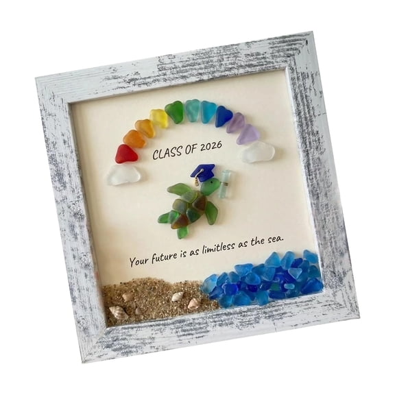 NEXAVKPR Handmade Sea Glass Art Frame Sea Glass Turtles with Wooden Frame Desktop Decors