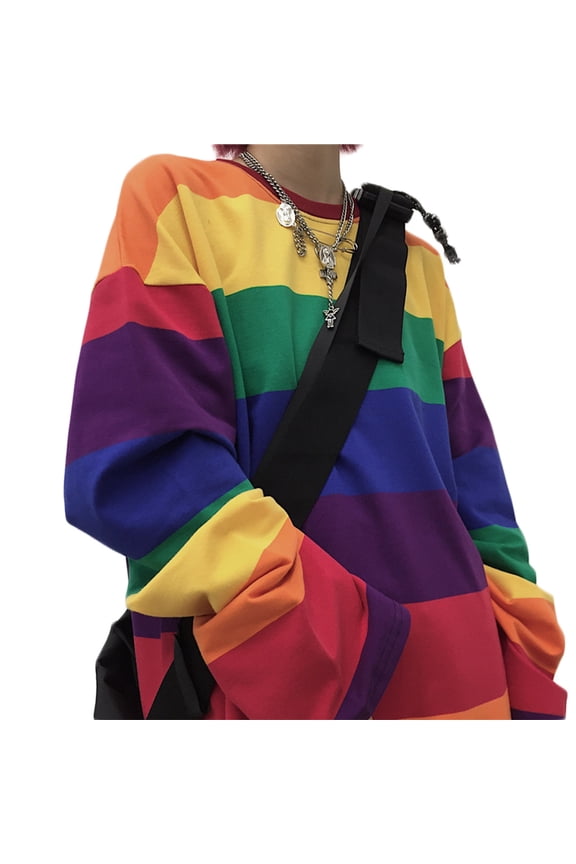 Women Long Sleeve O-Neck for T Shirt Harajuku Rainbow Striped Printed Pullover Tunic Tops Hip Hop Oversized Loose Street