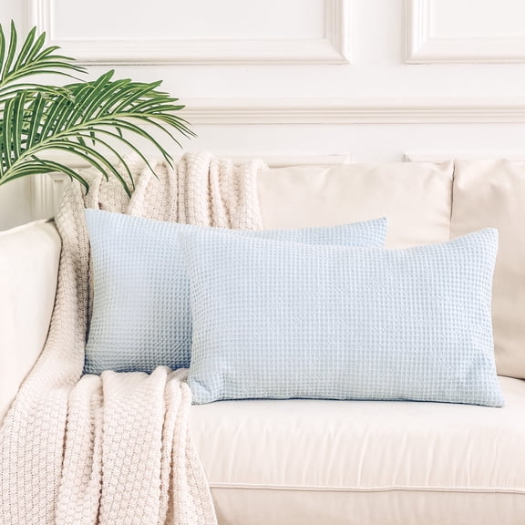 NEXHOME PRO 100% Cotton Waffle Weave Throw Pillow Covers 12x20 Inch Set of 2, Home Decorative Lumbar Pillow Covers 2 Pack for Bed Couch Sofa Car, No Insert, Light Blue