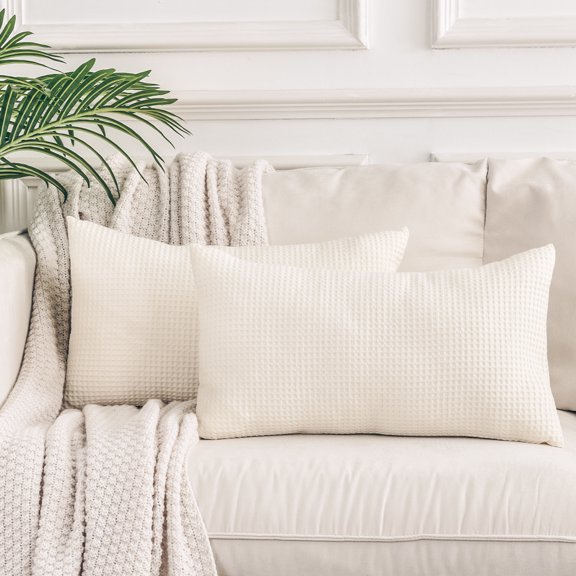 NEXHOME PRO 100% Cotton Waffle Weave Throw Pillow Covers 12x20 Inch Set of 2, Home Decorative Lumbar Pillow Shams 2 Pack for Bed Couch Sofa Car, No Insert, White Beige