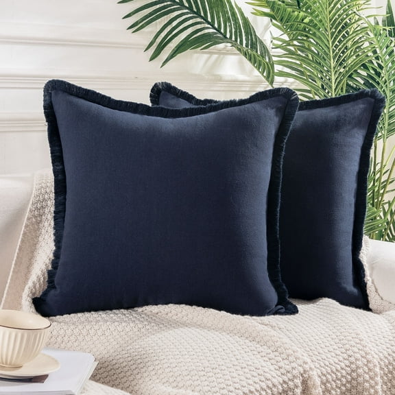 NEXHOME PRO Boho Throw Pillow Covers for Couch Set of 2 18"x18", Handmade Decorative Linen Pillow Covers Shams for Sofa, Living Room, Farmhouse Fringed Cushion Covers, Navy (NO Insert)