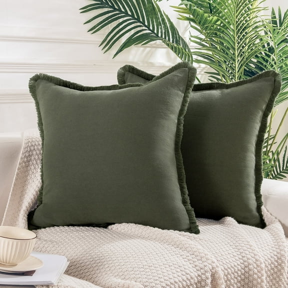 NEXHOME PRO Boho Throw Pillow Covers for Couch Set of 2 18"x18", Handmade Decorative Linen Pillow Covers Shams for Sofa, Living Room, Farmhouse Fringed Cushion Covers, Olive Green (NO Insert)