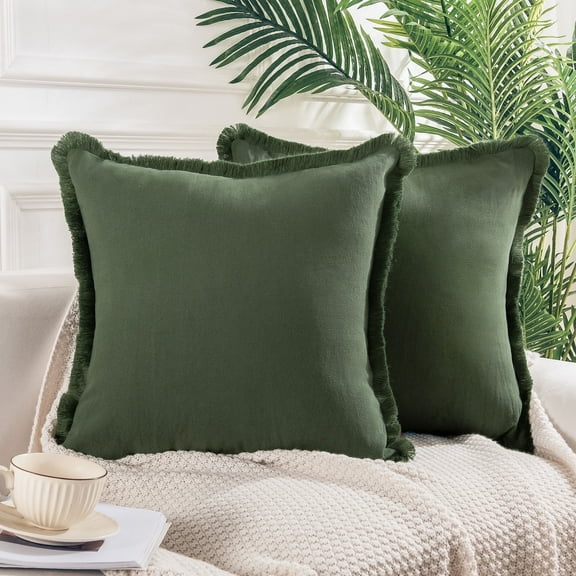NEXHOME PRO Boho Throw Pillow Covers for Couch Set of 2 18"x18", Handmade Decorative Linen Pillow Covers Shams for Sofa, Living Room, Farmhouse Fringed Cushion Covers, Forest Green (NO Insert)