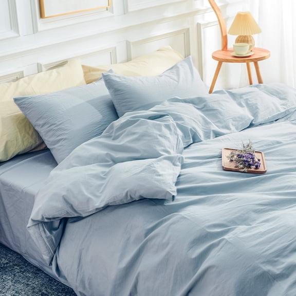 NEXHOME PRO Duvet Cover Set 100% Washed Cotton 2 Pieces Linen Breathable Soft Durable Duvet Cover Bedding Set with Zipper Closure, Twin Size Light Baby Blue(Comforter Not Included)