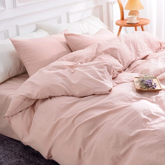NEXHOME PRO Duvet Cover Set 100% Washed Cotton 2 Pieces Linen Breathable Soft Durable Duvet Cover Bedding Set with Zipper Closure, Twin Size Pink (Comforter Not Included)