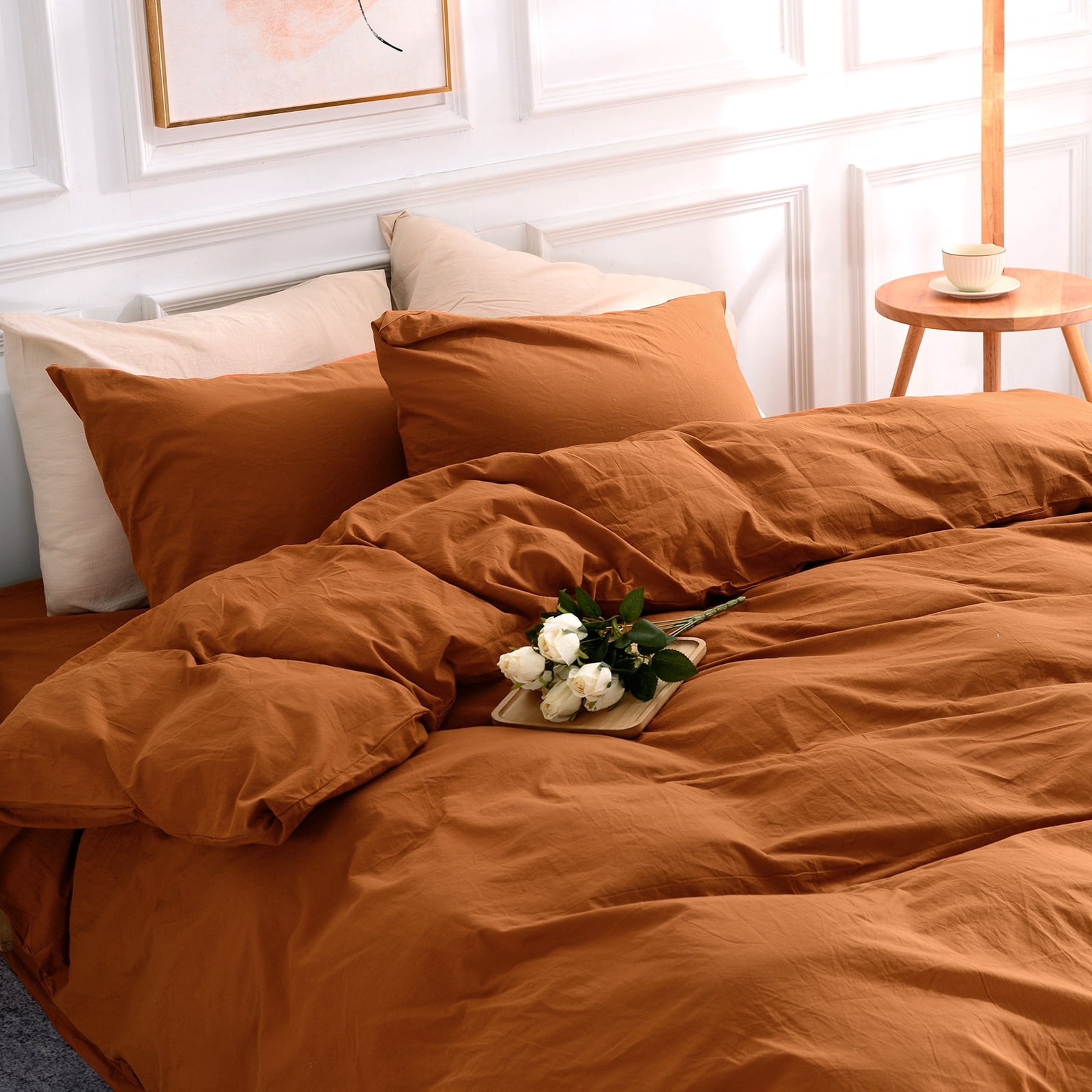 NEXHOME PRO Duvet Cover Set 100% Washed Cotton 3 Pieces Linen Breathable Soft Durable Duvet Cover Bedding Set with Zipper Closure, Full Size Burnt Orange (Comforter Not Included)