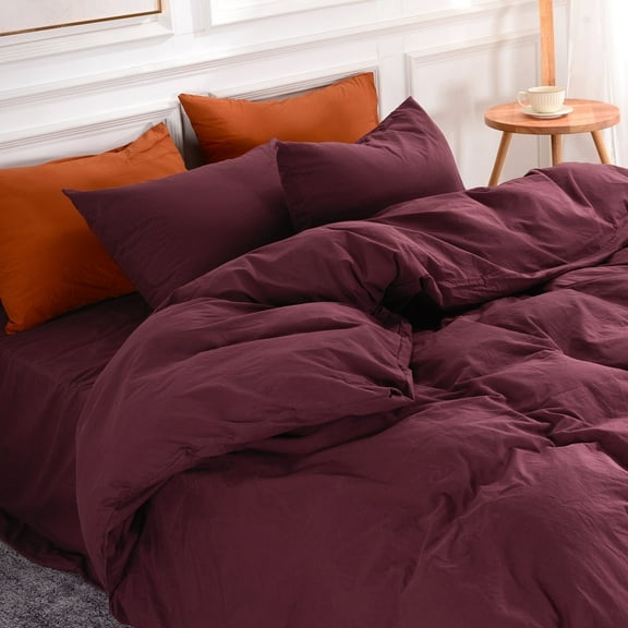 NEXHOME PRO Duvet Cover Set 100% Washed Cotton 3 Pieces Linen Breathable Soft Durable Duvet Cover Bedding Set with Zipper Closure, King Size Burgundy Dark Red (Comforter Not Included)