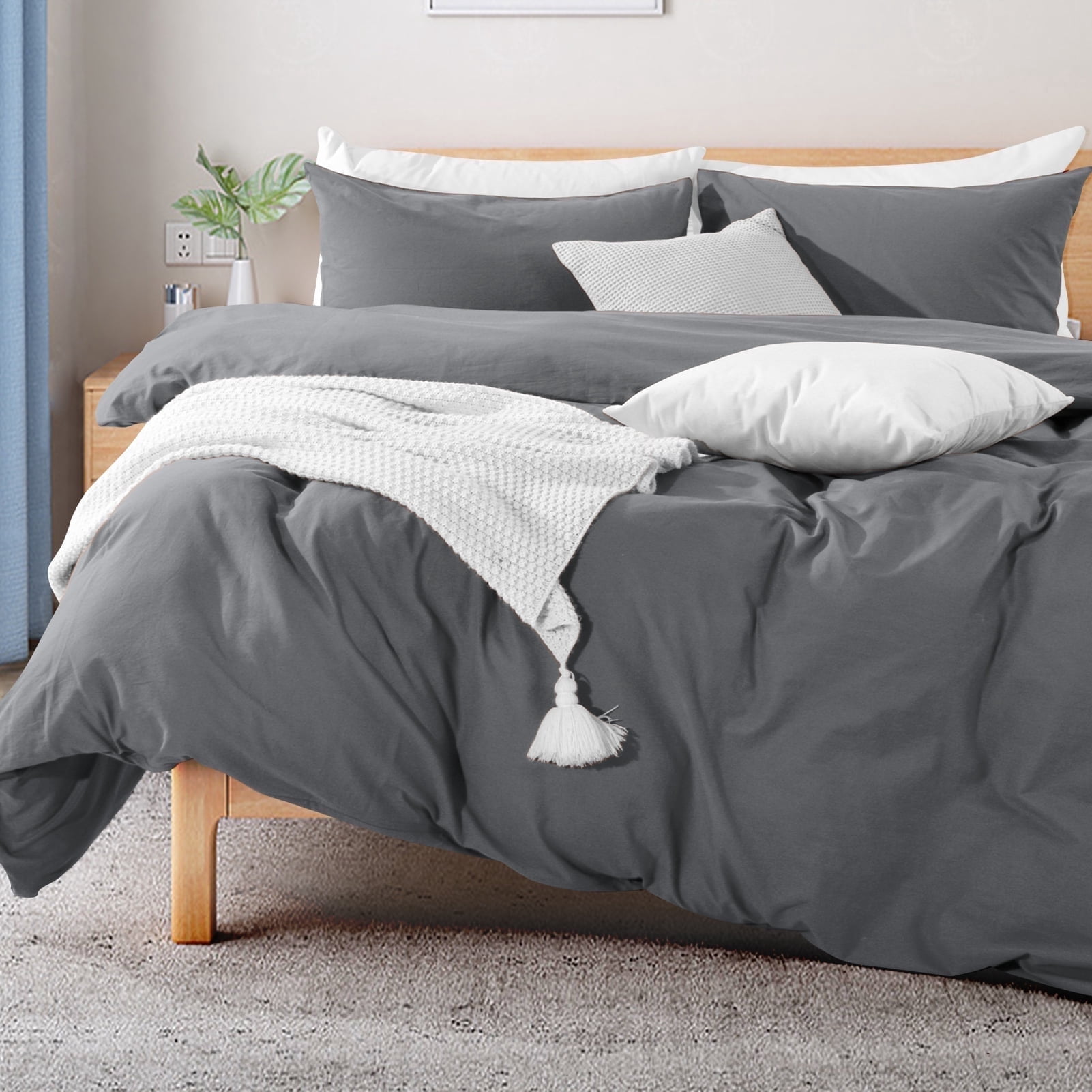 NEXHOME PRO Duvet Cover Set 100% Washed Cotton 3 Pieces Linen Breathable Soft Durable Duvet Cover Bedding Set with Zipper Closure, King Size Grey(Comforter Not Included)