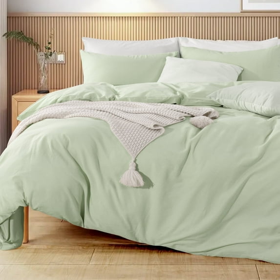 NEXHOME PRO Duvet Cover Set 100% Washed Cotton 3 Pieces Linen Breathable Soft Durable Duvet Cover Bedding Set with Zipper Closure, King Size Mint Green(Comforter Not Included)