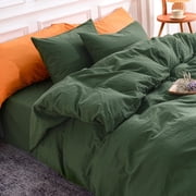 NEXHOME PRO Duvet Cover Set 100% Washed Cotton 3 Pieces Linen Breathable Soft Durable Duvet Cover Bedding Set with Zipper Closure, Queen Size Forest Green (Comforter Not Included)