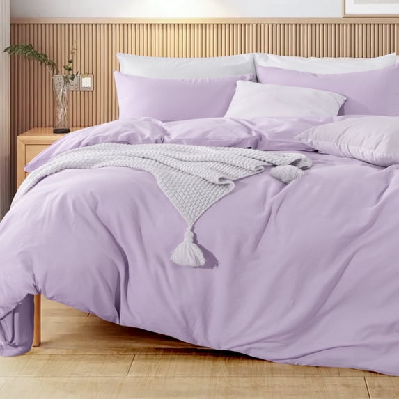 NEXHOME PRO Duvet Cover Set 100% Washed Cotton 3 Pieces Linen Breathable Soft Durable Duvet Cover Bedding Set with Zipper Closure, Queen Size Purple Lavender(Comforter Not Included)