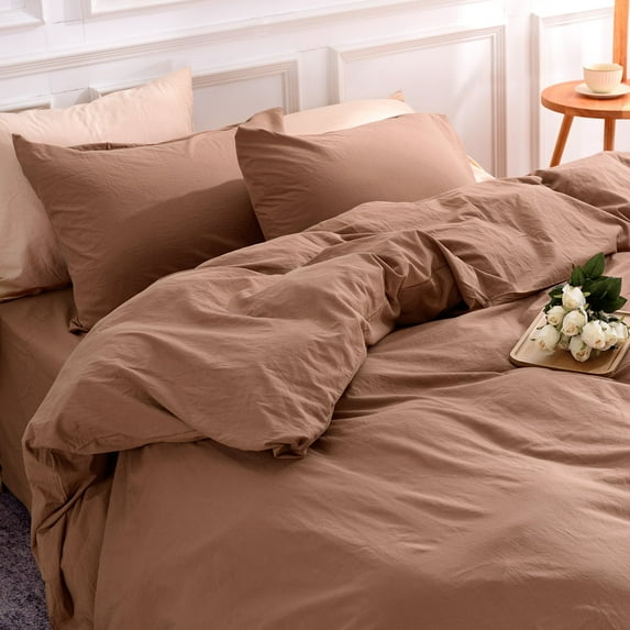 NEXHOME PRO Duvet Cover Set 100% Washed Cotton 3 Pieces Linen Breathable Soft Durable Duvet Cover Bedding Set with Zipper Closure, Queen Size Rust Brown (Comforter Not Included)