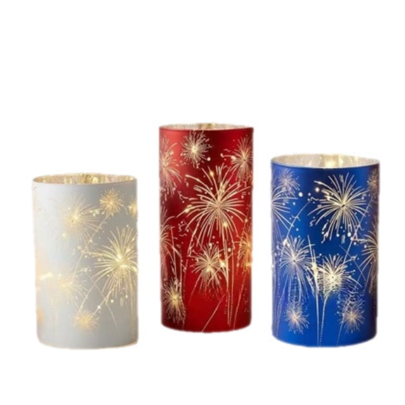 NEXIMO Set of 3 Celebration Hurricanes, Celebration Firework Lanterns - Etched Glass Firework Starburst Lights with Twinkling LED Light, Patriotic Candles for Tables, Wedding & Holiday Dcor