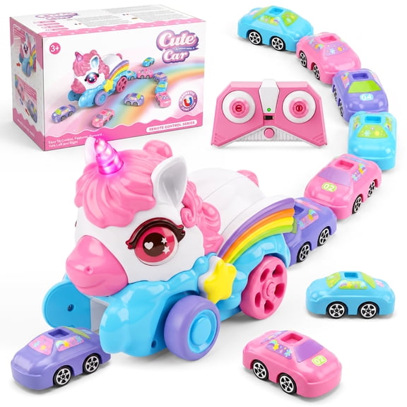 NEXKEX Unicorn Remote Control Car for Kids 3+ with 6 Magnetic Mini Cars - Snake Capture Racing RC Toy, Interactive Birthday Gift for Toddlers