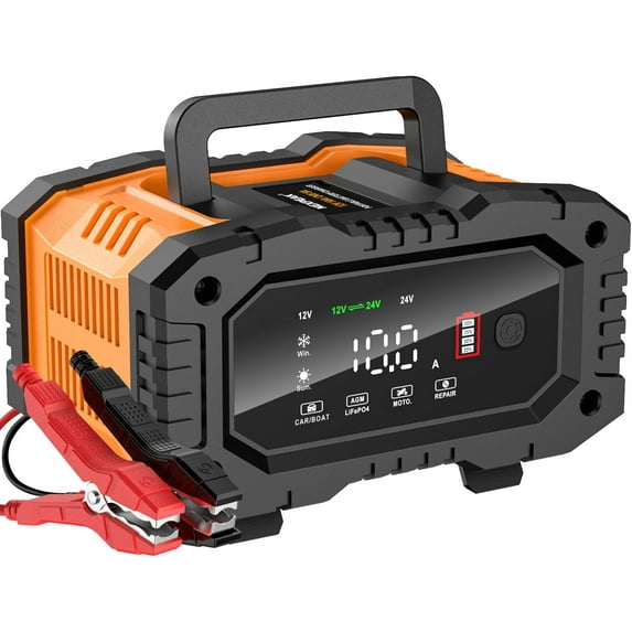 NEXPEAK NC202 10-Amp Battery Charger, 12V 24V LiFePO4 Lead Acid Portable Car Battery Charger 8-Stage Trickle Charger Smart Battery Maintainer w/Temp Compensation for Car Truck Motorcycle Lawn Mower