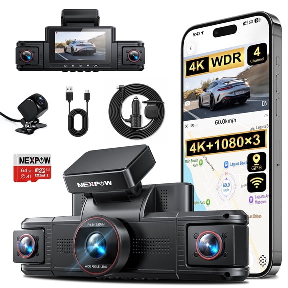 NEXPOW 4K 4-Channel 5G WiFi Dash Cam, GPS Dash Camera for Car with 64GB Card, Voice Control, WDR Night Vision, Parking Mode, 4K 1080P 1080P 1080P Front Rear Left Right Dashboard Camera