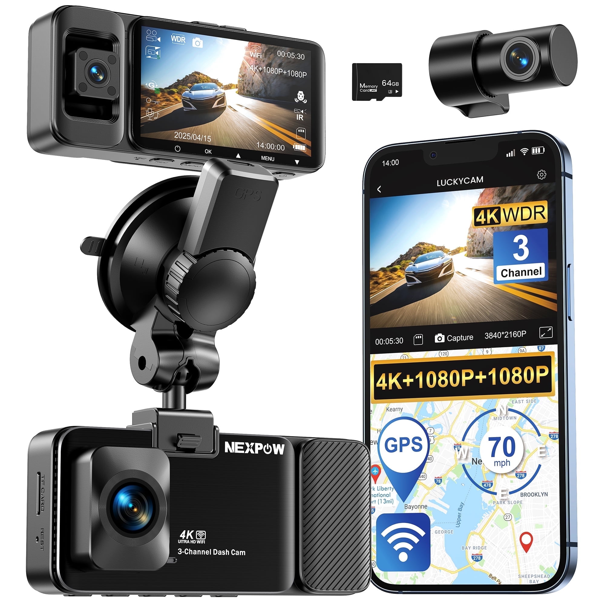 NEXPOW 3 Channel 5G WiFi Dash Cam,4K+1080P+1080P Front Rear Cabin with 64GB SD Card,WDR Night Vision,24H Parking Guard,Loop Recording,G-sensor