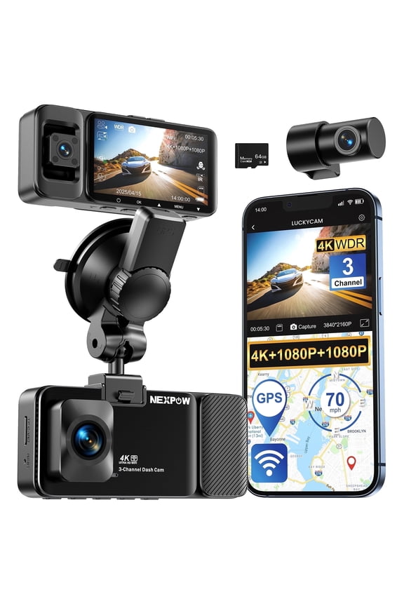 4K 3 Channel Dash Cam Front Rear Cabin, STARVIS Night Vision, 5G WiFi GPS, FREE 64GB Card Included, WDR, 24H Parking Mode, Loop Recording, G-Sensor