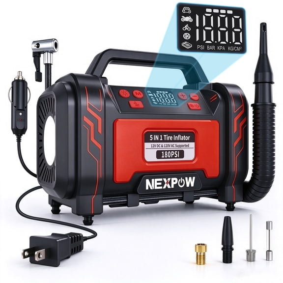 NEXPOW 5-in-1 180 PSI Tire Inflator Air Compressor & High-volume Blower,Car Tire Air Pump with Dual Power 12V DC 120V AC,LED Light,for Car, Bicycle Tires,Air Mattresses