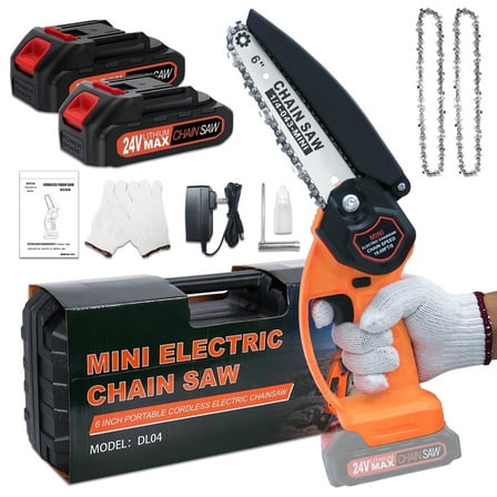 NEXPOW 6" Mini Chainsaw - 24V Battery Powered, Cordless Handheld Wood Cutter with 2 Batteries & 2 Chains, Orange