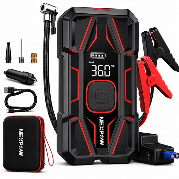 NEXPOW 6000A Jump Starter with Air Compressor, 160 PSI Portable Car Battery Jump Starter for All Gas and 12.0L Diesel Engines, 29800mAh Jump Box with Auto Shut-Off, LED Light
